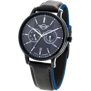 【MINI SWISS WATCHES】石英錶 43.5mm 黑底二眼錶面 黑色藍邊皮錶帶(黑色)