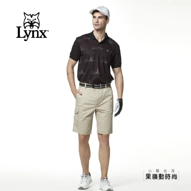 【Lynx Golf】男款吸汗速乾羅紋領設計巴黎鐵塔印花山貓LOGO短袖POLO衫/高爾夫球衫(黑色)