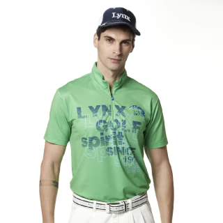 【Lynx Golf】男款吸濕排汗Lynx Spirit合身版抗UV網眼布料造型拉片短袖立領POLO衫/高爾夫球衫(綠色)