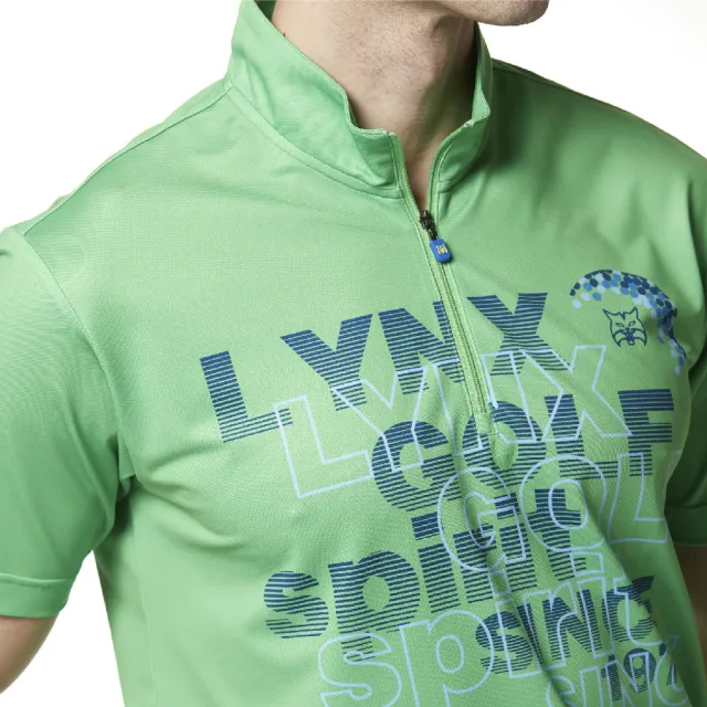 【Lynx Golf】男款吸濕排汗Lynx Spirit合身版抗UV網眼布料造型拉片短袖立領POLO衫/高爾夫球衫(綠色)