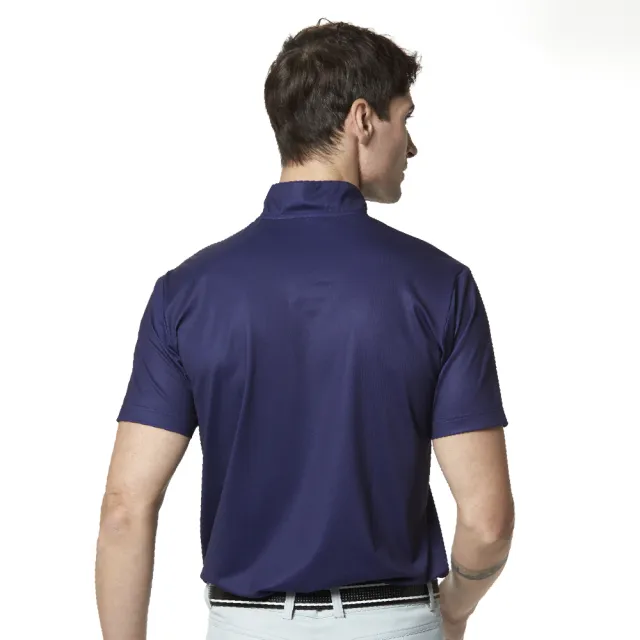 【Lynx Golf】男款吸濕排汗Lynx Golf合身版抗UV網眼布料造型拉片短袖立領POLO衫/高爾夫球衫(深藍色)