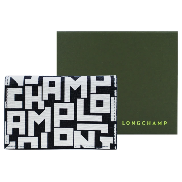 【LONGCHAMP】LE PLIAGE LGP系列滿版牛皮口袋三折翻蓋短夾(黑X白)