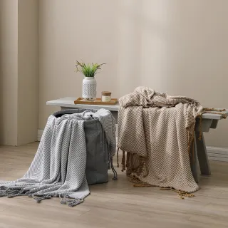 【Cozy inn】極簡人字紋流蘇萬用針織毯(灰)