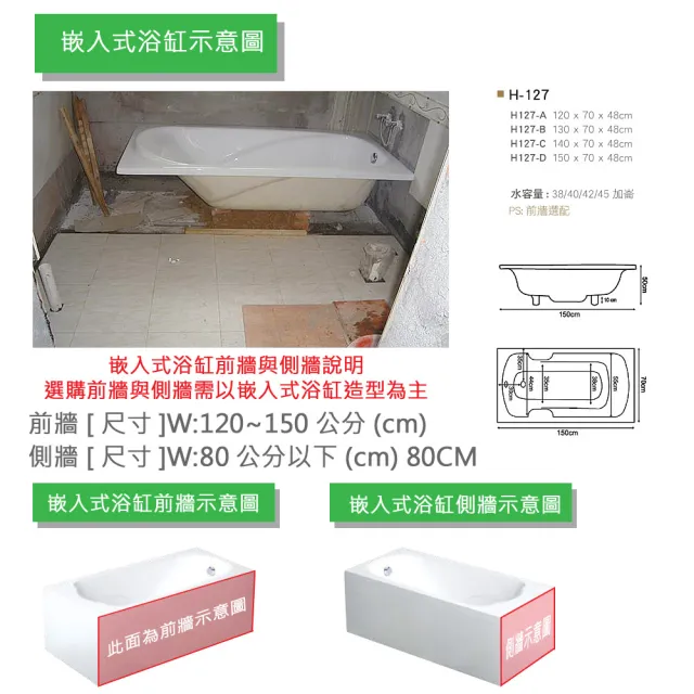 【大巨光】嵌入式浴缸加購活動側牆80cm(側牆/浴缸用)