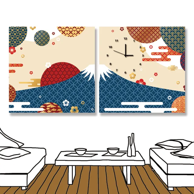 【24mama 掛畫】二聯式 油畫布 日本 雲彩 現代風格 無框畫 時鐘掛畫-50x50cm(華麗富士山)