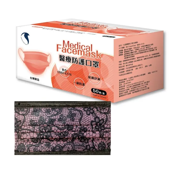 【久富餘】成人醫用口罩2盒(50片/盒)-雙鋼印-夢幻粉紅蕾絲(台灣製造)