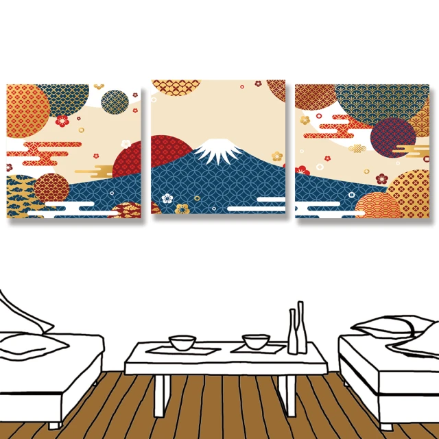 【24mama 掛畫】三聯式 油畫布 日本 雲彩 現代風格 無框畫-30x30cm(華麗富士山)