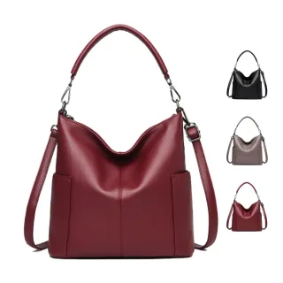 【MAISY】新潮百搭兩側大口袋軟皮單肩斜背手提包(現+預  黑色 / 酒紅 / 卡其)