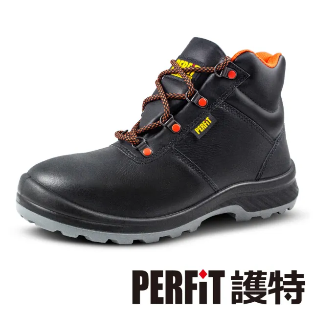 【PERFiT】減壓+輕量大底中筒防潑水真牛皮安全鞋 黑橘色(PN014/一體成型/工作鞋/鋼頭鞋)