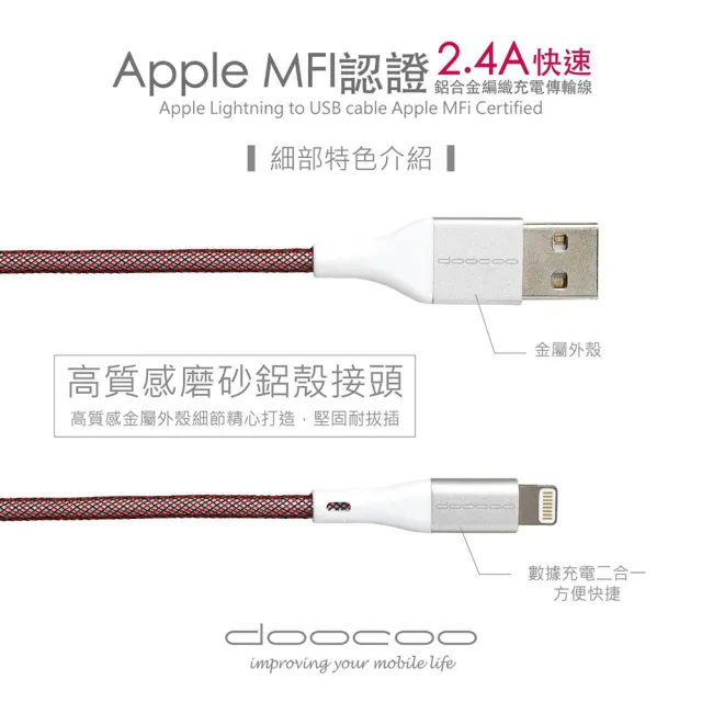 【doocoo】Apple Lightning MFi 鋁合金編織充電傳輸線(120CM)