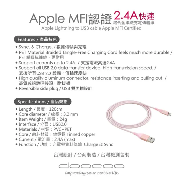 【doocoo】Apple Lightning MFi 鋁合金編織充電傳輸線(120CM)