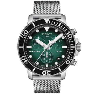 【TISSOT 天梭】水鬼 Seastar 1000 海洋之星300米潛水石英三眼計時手錶-綠/45.5mm(T1204171109100)