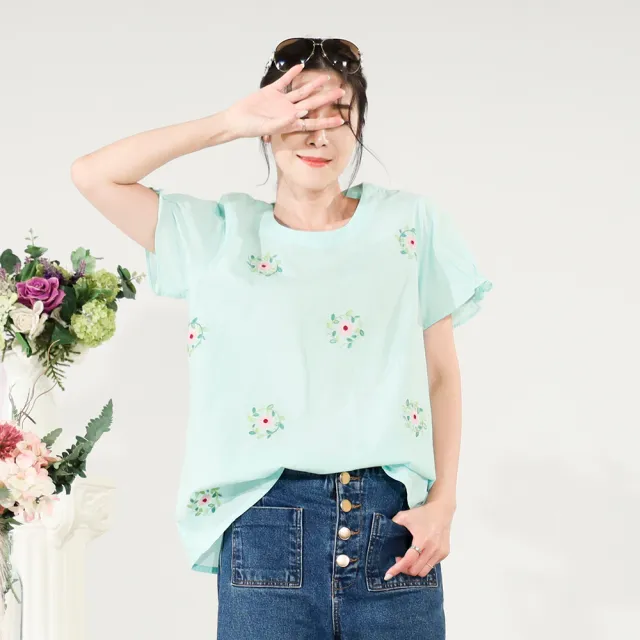 LLS夏日花朵刺繡粉嫩多巴胺修身上衣