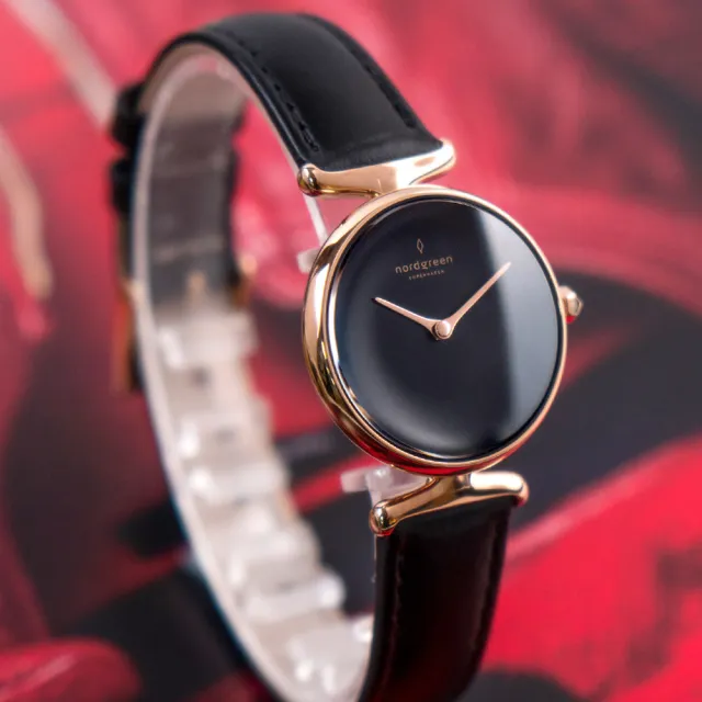 【Nordgreen】ND手錶 Unika 獨特 28mm 玫瑰金殼×黑面 極夜黑真皮錶帶(UN28RGLEBLBL)