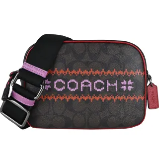 【COACH】LOGO字樣PVC相機包(咖啡X紅)