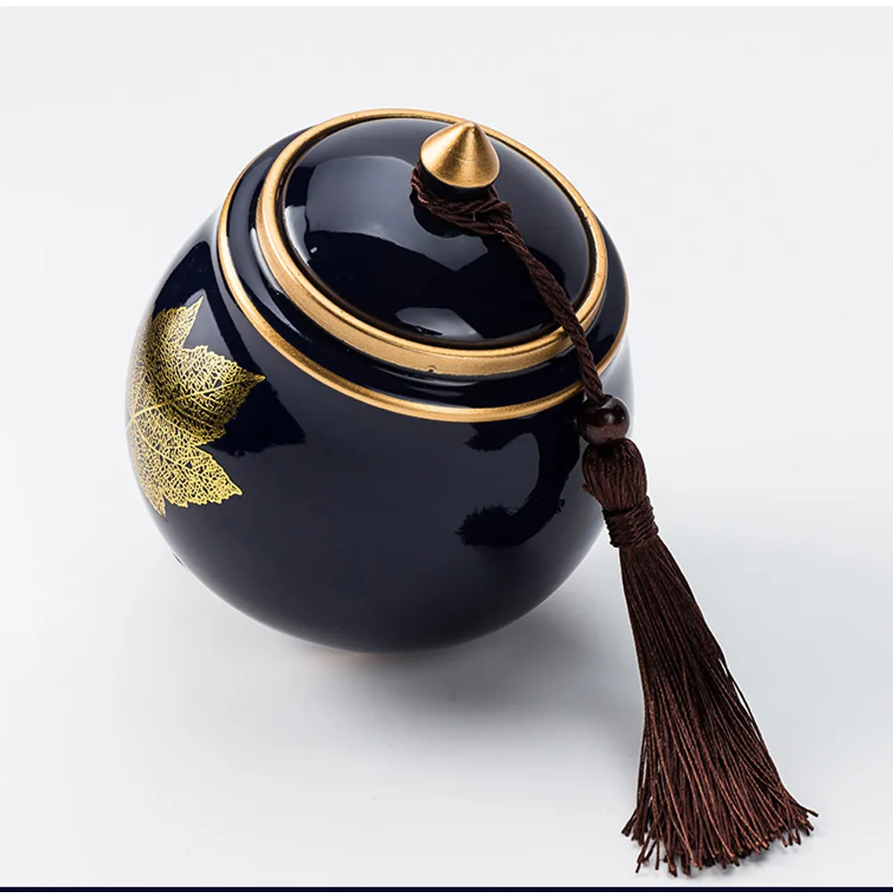 【原藝坊】復古風 霽藍釉 陶瓷密封罐茶葉罐一個(金線楓葉)