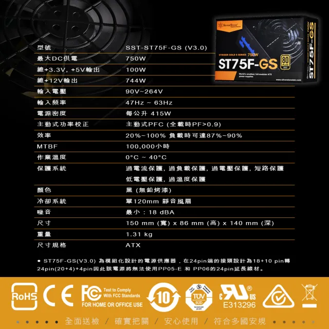 【SilverStone 銀欣】ST75F-GS(750W 金牌認證 電源供應器 5年保固)