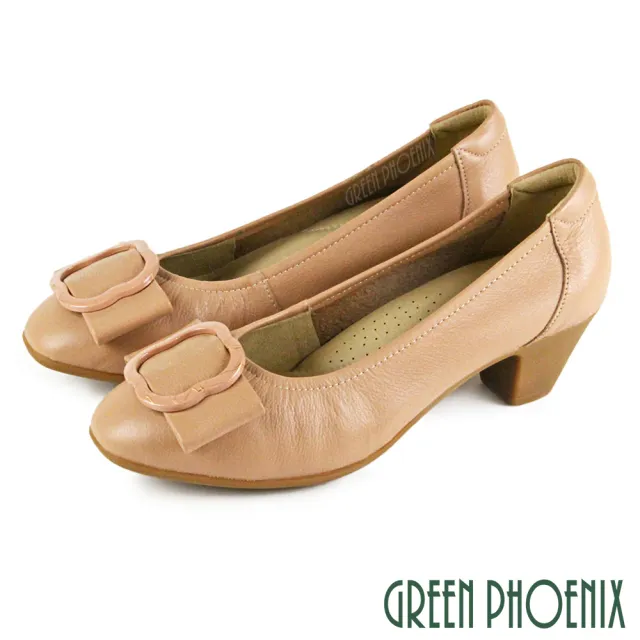 【GREEN PHOENIX 波兒德】女 跟鞋 包鞋 粗跟 全真皮 蝴蝶結 OL通勤面試鞋(杏色、黑色)