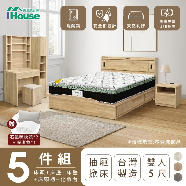 【IHouse】品田 房間5件組 雙人5尺(床頭箱、收納抽屜+掀床底、床墊、床頭櫃、鏡台含椅)