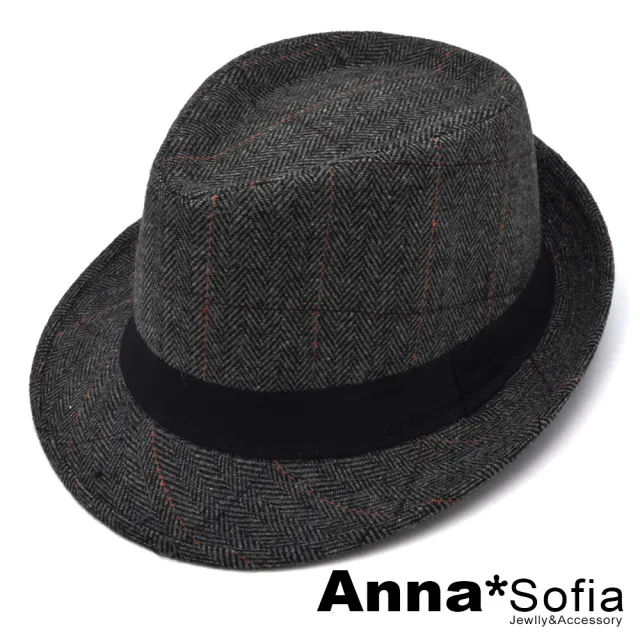 【AnnaSofia】混羊毛紳士帽爵士帽禮帽-點格線葉脈底紋 現貨(深灰系)