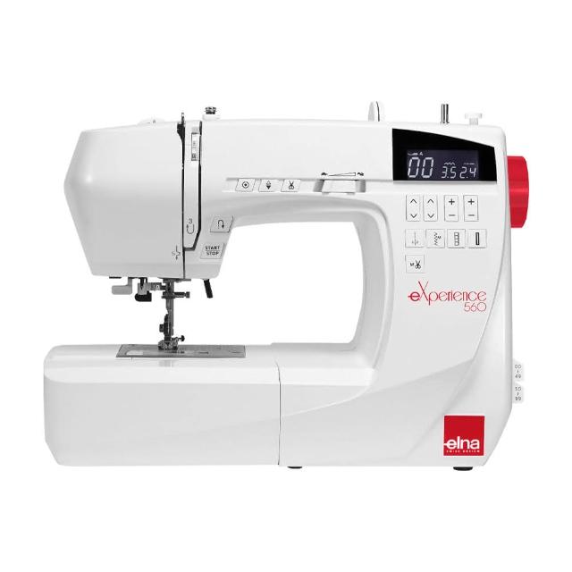 ELNA eXperience 560 電子型縫紉機，臺灣原裝生產，採用鋁合金骨架，重量僅5.9公斤，尺寸長40.6 x 高30.2 x 寬17.6 cm。具備水平式全迴轉梭床，縫紉速度最高700針/分以上，針距0~7mm可調，自動穿線功能讓操作更輕鬆。適用110V電壓，提供1年保固，完美適閤家用縫紉愛好者。