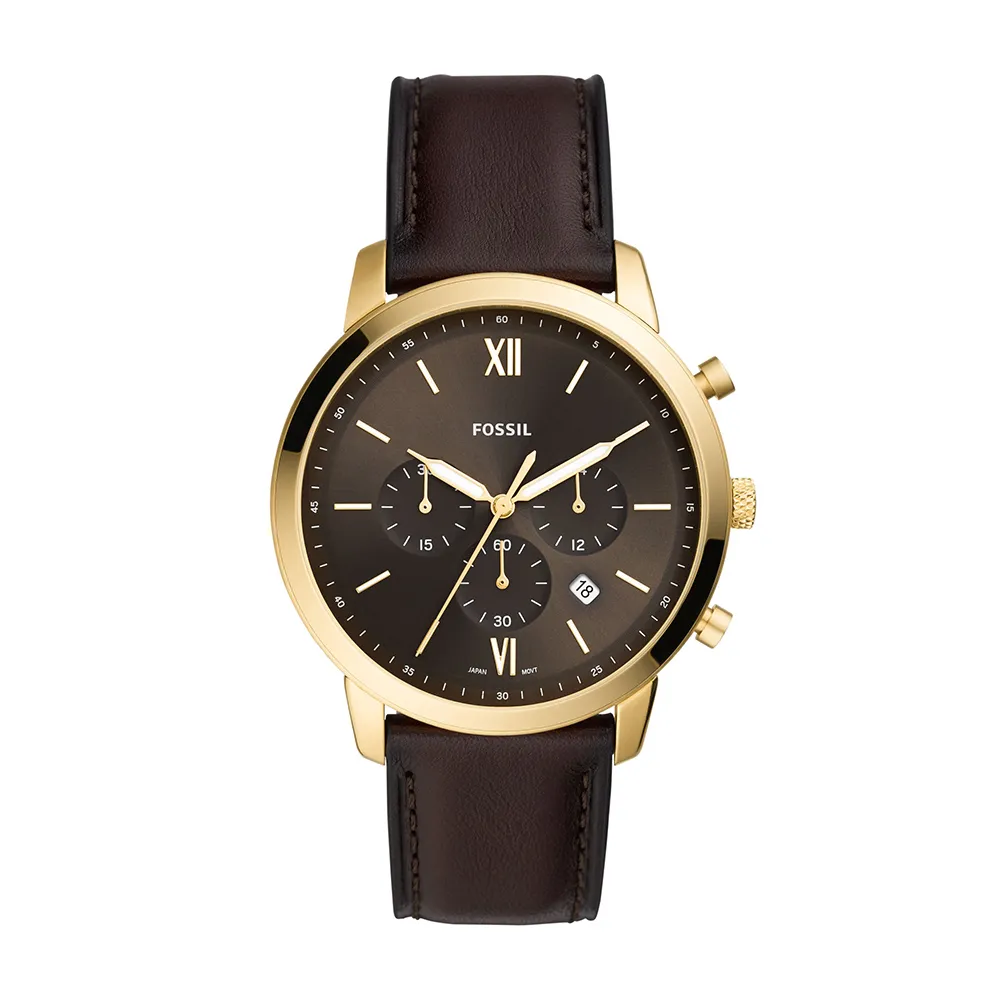 【FOSSIL 官方旗艦館】Neutra新雅仕計時棕色真皮指針手錶 44 mm FS5763