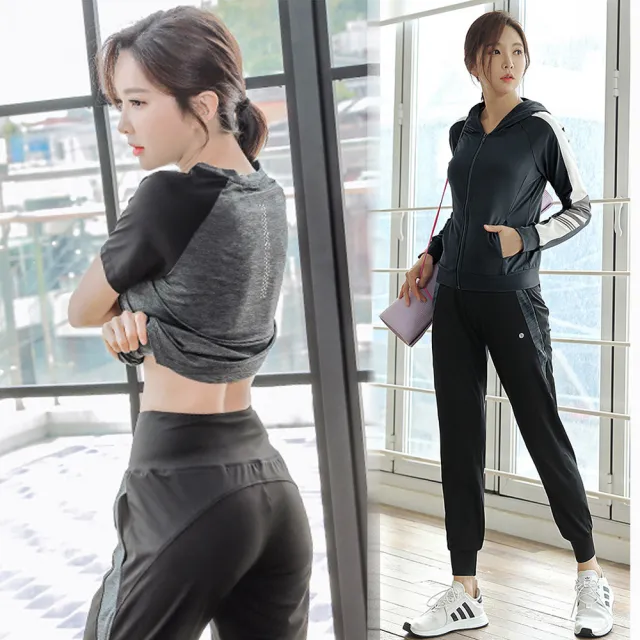 【BODYAIR】寬鬆網袖親膚上衣+側拼色口袋哈倫褲套組(瑜珈.運動.慢跑.透氣.舞蹈.運動服.運動褲)