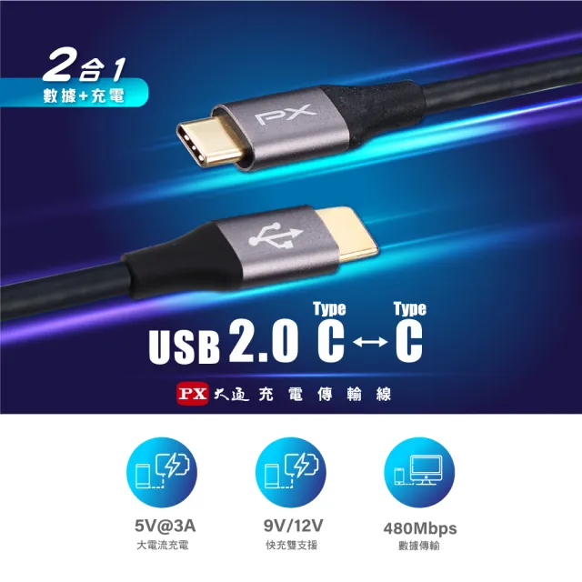 【PX大通-】UCC2-1B 1公尺 USB 2.0 C to C 充電傳輸線(數據+充電2合1、支援9V/12V快速充電)