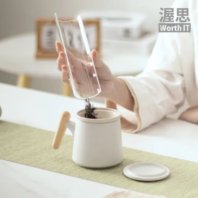【渥思】陶瓷木柄雙層泡茶杯(沖茶壺 露營 辦公室茶杯 旅行茶具 花茶杯)