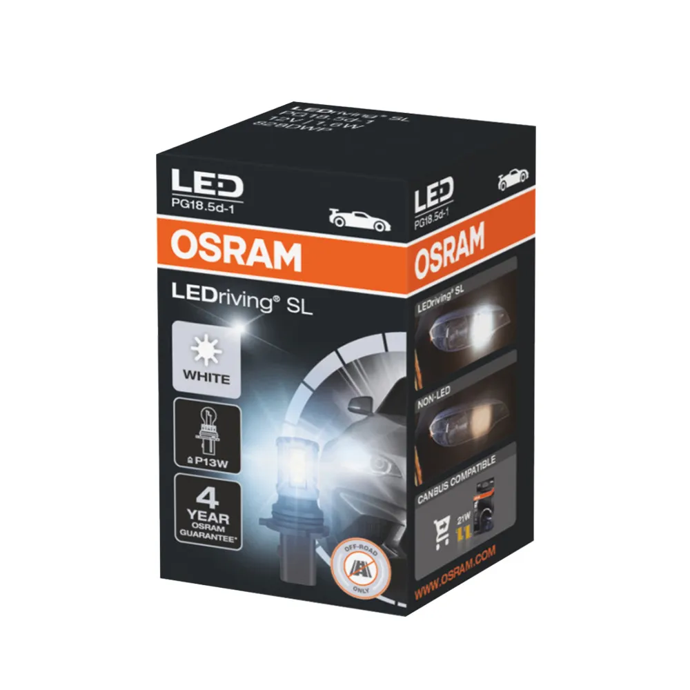 【Osram 歐司朗】汽車LED燈 P13W 白光/6000K 12V 1.6W(公司貨/送OSRAM不銹鋼經典杯)