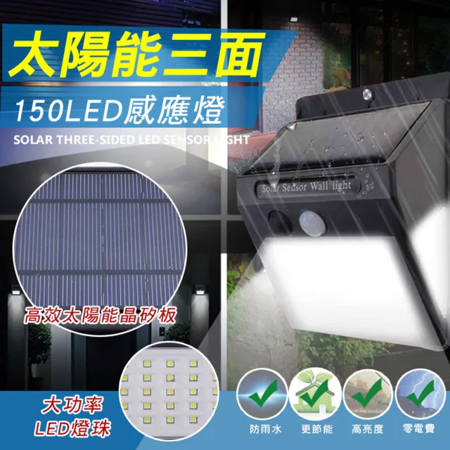 【ROYAL LIFE】太陽能三面150LED感應燈-2入組