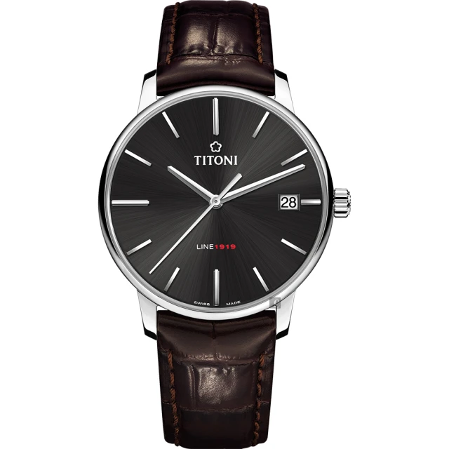 TITONI 梅花錶 LINE1919 百年紀念 T10機械錶-炭黑x咖啡錶帶/40mm 99狂買節(83919 S-ST-576)