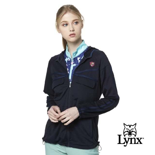 Lynx Golf 女款彈性舒適涼爽透氣交叉壓條袋蓋連帽長袖外套(深藍色)