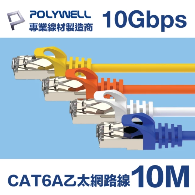 【POLYWELL】CAT6A 高速乙太網路線 S/FTP 10Gbps 10M(適合2.5G/5G/10G網卡 網路交換器 NAS伺服器)