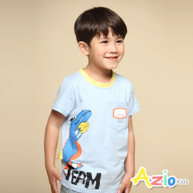 【Azio Kids 美國派】男童 上衣 恐龍投籃印花圓領配色素面上衣T恤(藍)