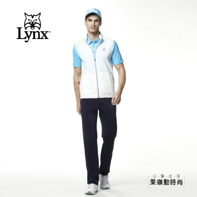 【Lynx Golf】男款涼爽透氣彩色織帶山貓織標拉鍊口袋無袖背心(白色)