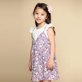 【Azio Kids 美國派】女童 洋裝 滿版小白花草印花假兩件荷葉短袖洋裝(紫)