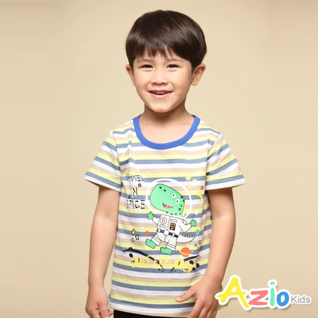 Azio Kids 美國派 男童 上衣 太空恐龍印花條紋圓領配色短袖T恤(黃)