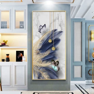 【JEN】簡約輕奢風藍色羽毛裝飾掛畫壁畫50*100CM(藍色羽毛)