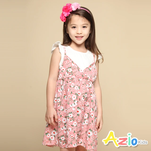 【Azio Kids 美國派】女童 洋裝 滿版小白花草印花假兩件荷葉短袖洋裝(粉)