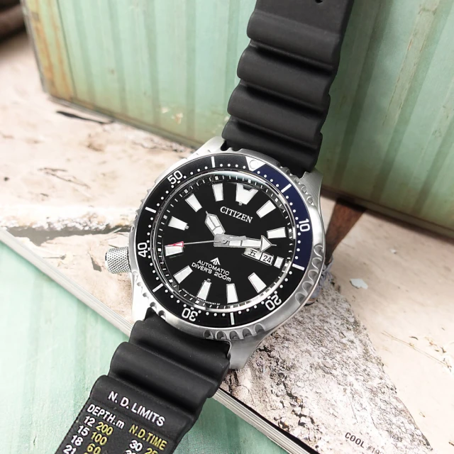 【CITIZEN 星辰】PROMASTER 鋼鐵河豚 機械錶 潛水錶 防水200米 日期 橡膠手錶 黑藍色 44mm(NY0111-11E)