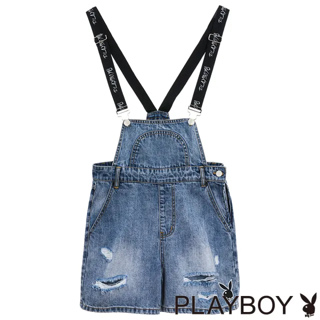 【PLAYBOY】logo織帶吊帶短褲(藍色)