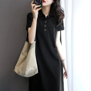 【初色】韓系翻領連身裙洋裝-黑色-98603(M-2XL可選)