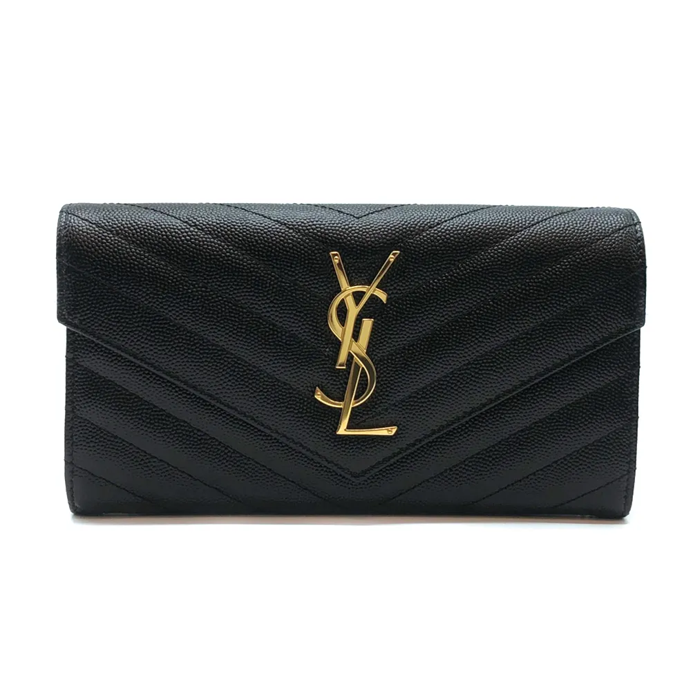 【YSL】Monogram V字縫線魚子醬牛皮金屬LOGO暗釦手拿長夾(372264-黑)