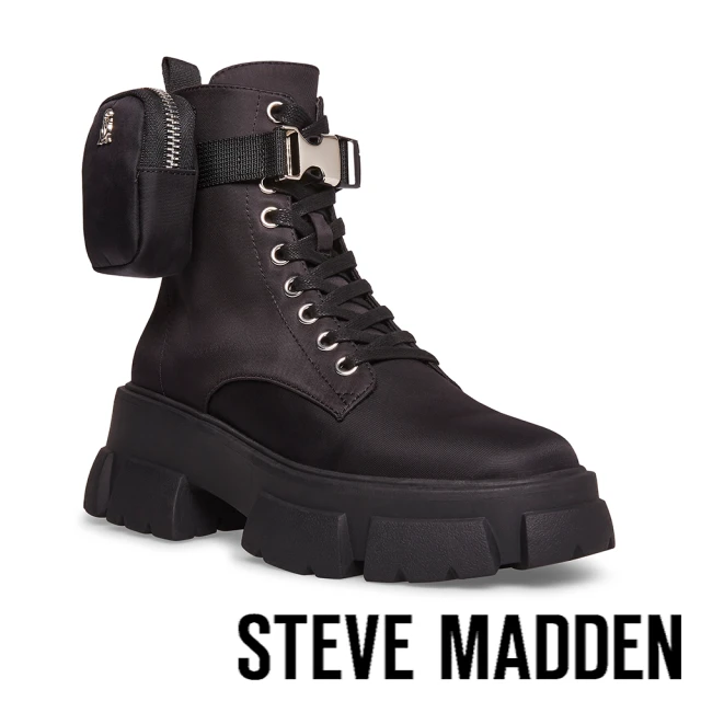 【STEVE MADDEN】TANKER-P 綁帶厚底腳踝包中筒馬丁靴(黑色)