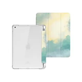 【BOJI 波吉】iPad mini 6 8.3吋 三折式內置筆槽可吸附筆透明氣囊軟殼 復古水彩款 綠茵