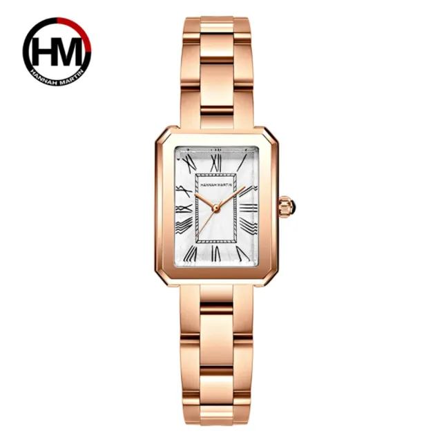 【HANNAH MARTIN】優雅簡約個性休閒方形不鏽鋼女錶(HM-1301-FB-白面玫金帶)