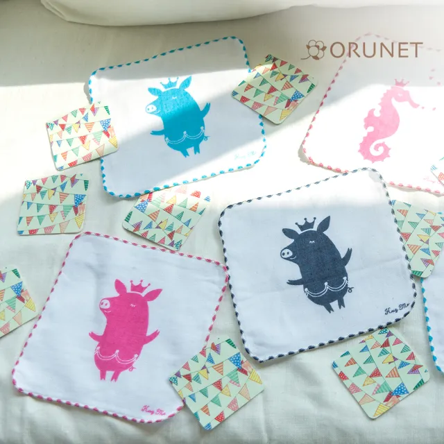 【Orunet】王冠豬小方巾(天空藍色 / 桃紅色 /深藍色)