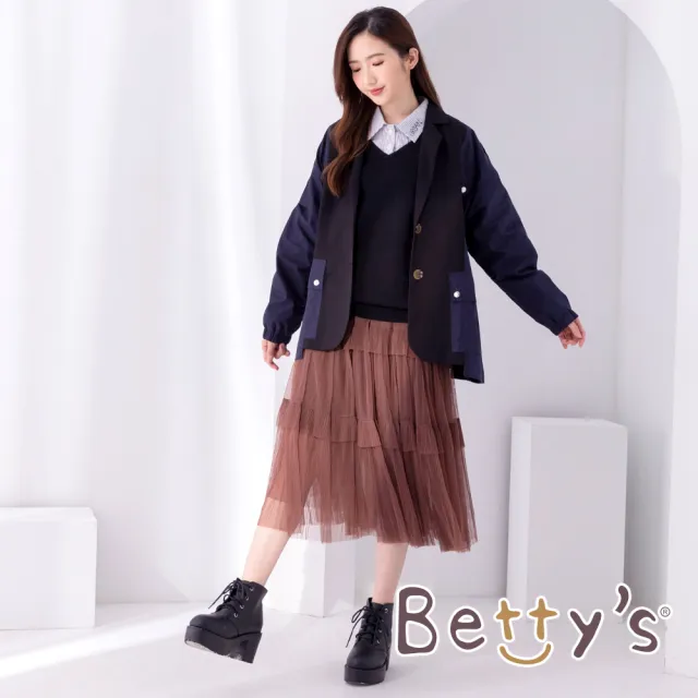 【betty’s 貝蒂思】設計款西裝領拼接休閒外套(深藍)