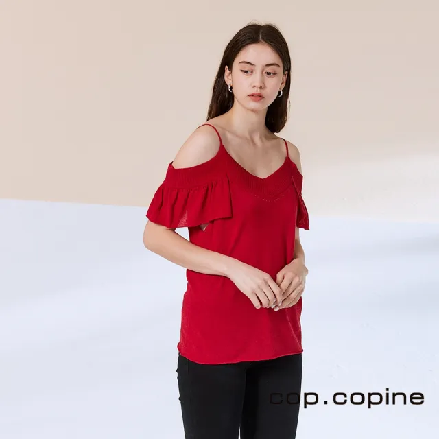 【ICHE 衣哲】Cop.Copine 法國原裝進口露肩荷葉針織造型上衣-嘉年華紅